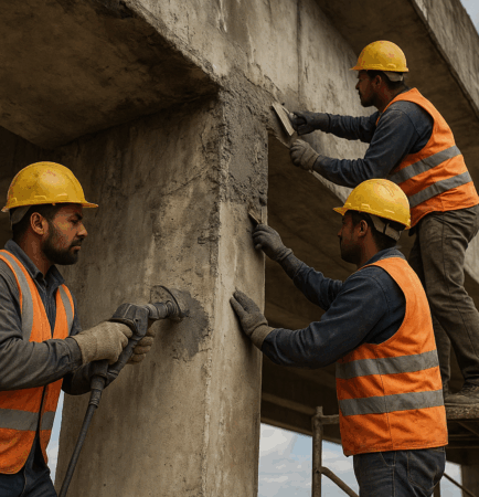 Operários trabalhando com concreto