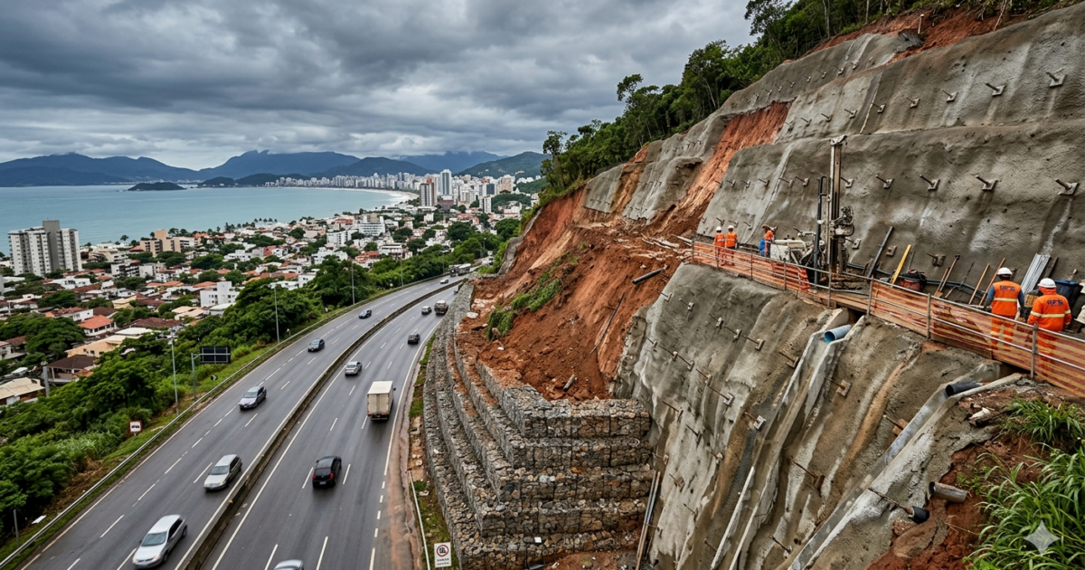 Construção de um talude ao lado de uma rodovia