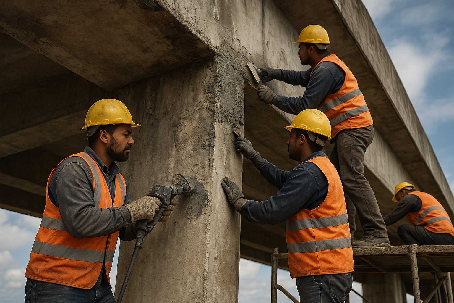 Operários trabalhando com concreto