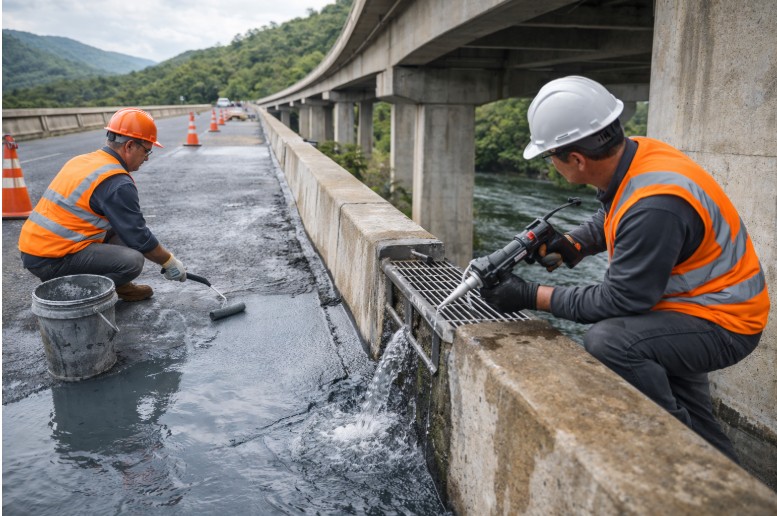 Operários trabalham em infiltração em ponte