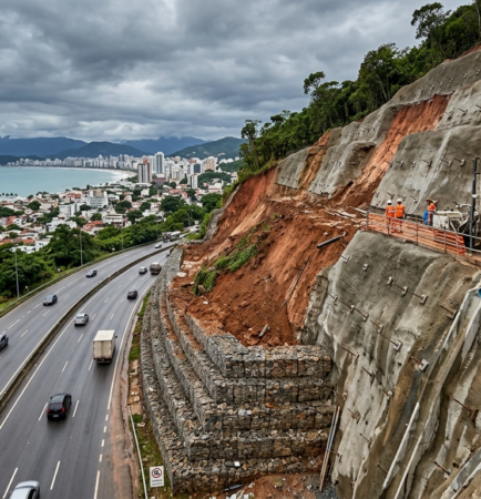Construção de um talude ao lado de uma rodovia