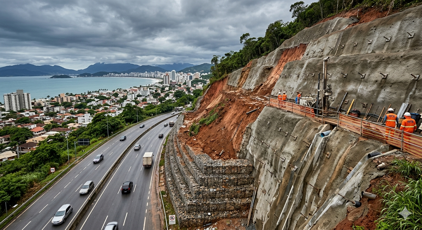 Construção de um talude ao lado de uma rodovia